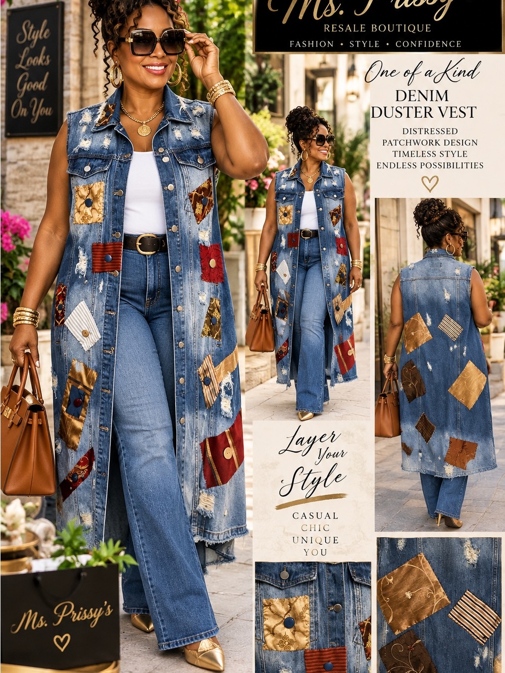 Distressed Patchwork Denim Duster Vest - Blue